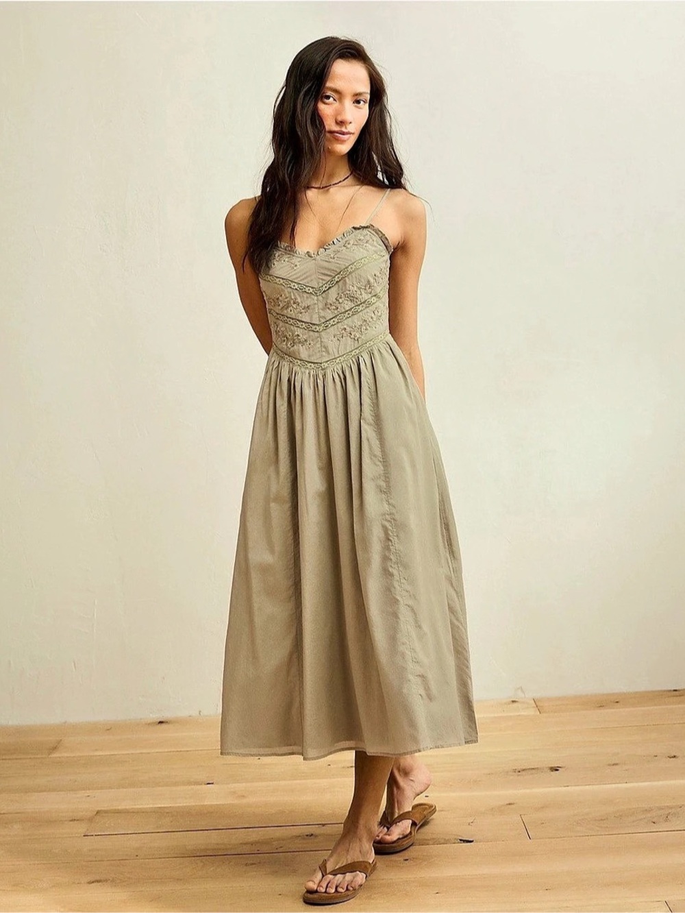 American Eagle Embroidered Sweetheart Midi Dress Green